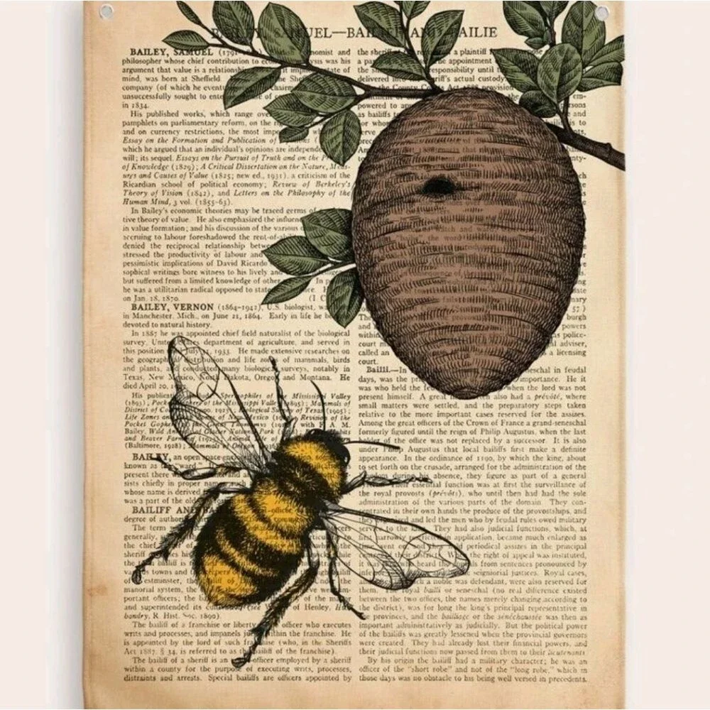 Bee Beehive Vintage Book page Wall Tapestry Tree Bohemian Rustic Drawing green